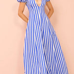 Indulge in Timeless Striped Print Puff Sleeve Pocketed Wavy Maxi Dress