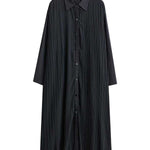 A-Line Long Sleeves Buttoned Pleated Pockets Split-Joint Lapel Midi Dresses Shirt Dress
