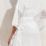 White Lace Patch Kimono Sleeve Tassel Drawstring Beach Cover Up