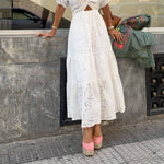 Openwork Embroidered V-Neck Knot-Detail Waist-Defining Maxi Dress