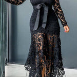 High-neck lace bow tie irregular long skirt