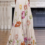 A-Line Loose Floral Printed Pleated Split-Joint Round-Neck Evening Dresses Maxi Dresses