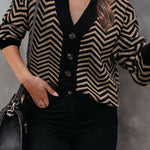 Long Sleeve V Neck Open Front Striped Knit Cardigan Sweaters