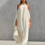 Women's Ivory Chiffon Dress With Halter Neck & Cold-Shoulder Detail, Timeless Luxe-Boho Style Dress