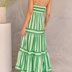 Loose Sleeveless Pleated Split-Joint Striped Spaghetti-Neck Maxi Dresses