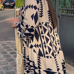 A-Line Long Sleeves Buttoned Contrast Color Pleated Printed Split-Joint Stand Collar Maxi Dresses Shirt Dress