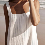 Simple and Stunning Linen Blend Pinstripe Detail Square Neck A-line Maxi Dress