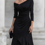 One-Shoulder Ruched Asymmetric Ruffle Hem Midi Dress
