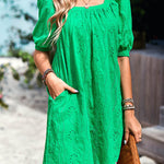 Loose Puff Sleeves Jacquard Solid Color Square-Neck Mini Dresses
