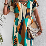 A-Line Loose Contrast Color Printed Zipper V-Neck Mini Dresses
