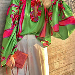 Zariah Satin Printed Cutout Neck Ballnoon Sleeve Blouse