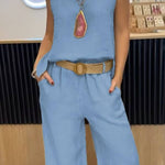 Cotton and linen solid color sleeveless trousers two-piece suit