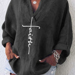 Women's Faith Printed Casual Long Sleeve V-Neck Cotton And Linen Shirt