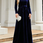 Long Sleeves Wrap Belted Pleated Solid Color Zipper Round-Neck Maxi Dresses