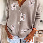Ladies Long Sleeve Cardigan Embroidered V-Neck Knit Sweater