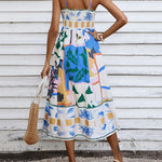High Waisted Sleeveless Pleated Printed Split-Joint Collarless Midi Dresses Slip Dress