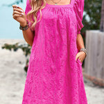 Loose Puff Sleeves Jacquard Solid Color Square-Neck Mini Dresses