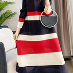 A-Line Loose Pleated Striped Round-Neck Midi Dresses