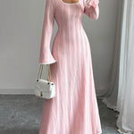 A-Line Bodycon Ribbed Knit Split-Joint Square-Neck Maxi Dresses