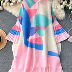 Flared Sleeves Loose Belted Contrast Color Pleated Midi Dresses