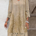 A-Line Long Sleeves Flower-Embellished Buttoned Contrast Color Split-Joint V-Neck Midi Dresses