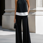 Contrast Hem Halter Neck Blouse & Wide-Leg Pants Set