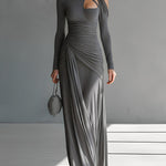 Women's Grey Silky Stretch Sophisticated Ruched Detail Cut-Out Maxi Dress