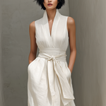 Women's Minimalist Cotton And Linen Blend V-neck Belted Sleeveless Maxi Dress