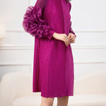 Long Sleeves Loose Embroidered Pleated Solid Color Round-Neck Midi Dresses