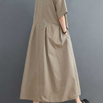 Loose Short Sleeves Pleated Solid Color Split-Joint V-Neck Midi Dresses