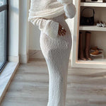 Marisol Ribbed Boucle Material Draped Off Shoulder Stretch Vacation Maxi Dress