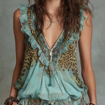 Boho Vintage Zip-Front Chiffon Top With Leopard & Floral Mix Print