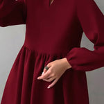 Loose Puff Sleeves Elasticity Pleated Solid Color Split-Joint Round-Neck Mini Dresses