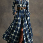 Retro Ethnic Style Lapel Reddish Brown Plaid Maxi Dress