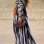 Batwing Sleeves Loose Printed Split-Side Striped V-Neck Beach Cover-Up Maxi Dresses