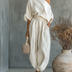 Women's Off-white Linen Off-shoulder Loose Casual Top And Tapered Pants Set