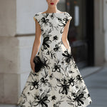 Floral Ink Print Cap Sleeve Midi Dress