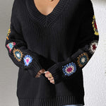 Black Crochet Flower Splicing V-Neck Pullover Sweater
