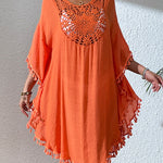 Batwing Sleeves Loose Hollow Solid Color Sun Protection Tasseled Round-Neck Cover-Ups Tops Midi Dresses