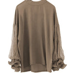 Simple Solid Color Puff Sleeve Mesh Splicing Chiffon Shirt