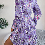 A-Line High Waisted Elasticity Flower Print Pleated Tied Waist Stand Collar Mini Dresses