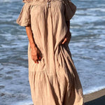 Linen Blend Ruffle Off Shoulder Puff Sleeve A-line Maxi Dress