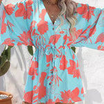 A-Line Half Sleeves Buttoned Drawstring Flower Print V-Neck Mini Dresses