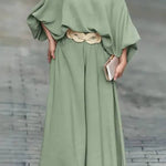 Skew Neck Lantern Sleeve Top & Wide Leg Pants Set