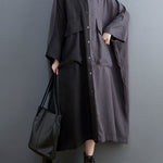 Casual Long Sleeves Loose Buttoned Contrast Color Split-Joint Lapel Collar Midi Dresses