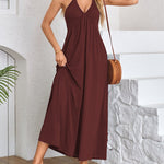 A-Line Loose Pleated Solid Color Split-Joint Deep V-Neck Maxi Dresses