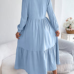 High Waisted Long Sleeves Pleated Ruffled Solid Color Lapel Midi Dresses Shirt Dress