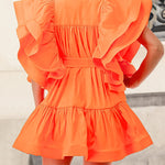 A-Line High Waisted Buttoned Pleated Ruffled Solid Color Tied Waist Lapel Mini Dresses
