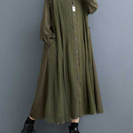A-Line Long Sleeves Buttoned Pleated Pockets Split-Joint Lapel Midi Dresses Shirt Dress