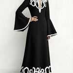 A-Line Flared Sleeves Abstract Printed Contrast Color Hollow Line Split-Joint Stand Collar Maxi Dresses